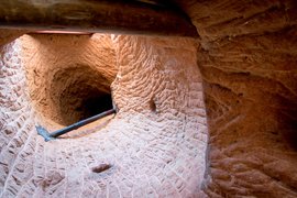 Climbing inside the 'stairwell", Thousand Buddha Grottoes, Mati Si, Gansu Province, China