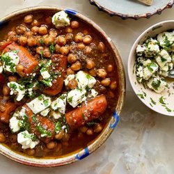 Braised chickpeas with carrots, dates and feta