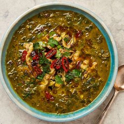 Herb, spinach and burnt aubergine soup