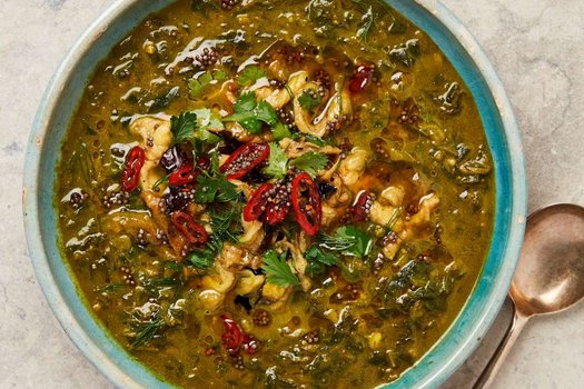 Herb, spinach and burnt aubergine soup
