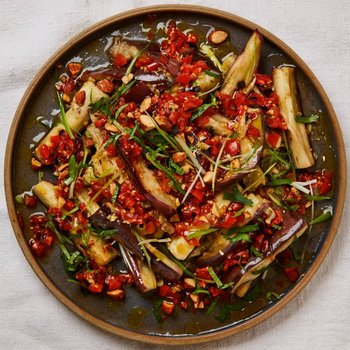 Steamed aubergines with charred chilli salsa