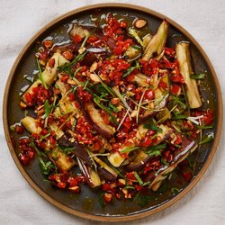 Steamed aubergines with charred chilli salsa