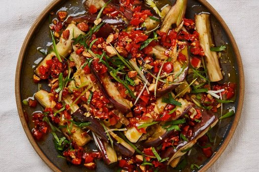 Steamed aubergines with charred chilli salsa