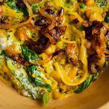 Ash Reshteh (Persian noodle soup with lentils and soured cream)