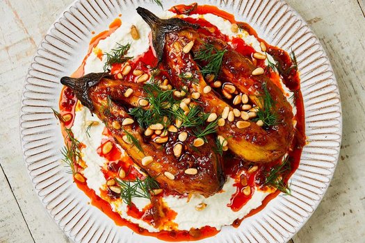 Burnt aubergine with feta and harissa oil