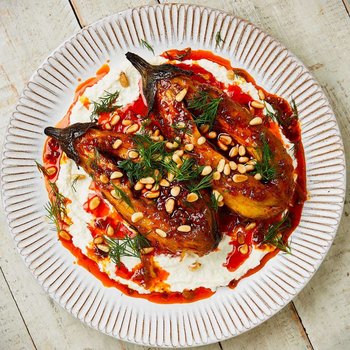 Burnt aubergine with feta and harissa oil