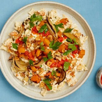 Butternut and yoghurt pasta with crisp garlic and quick chilli sauce