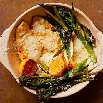 Charred lemon and mustard-parmesan chicken traybake