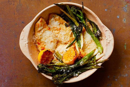 Charred lemon and mustard-parmesan chicken traybake