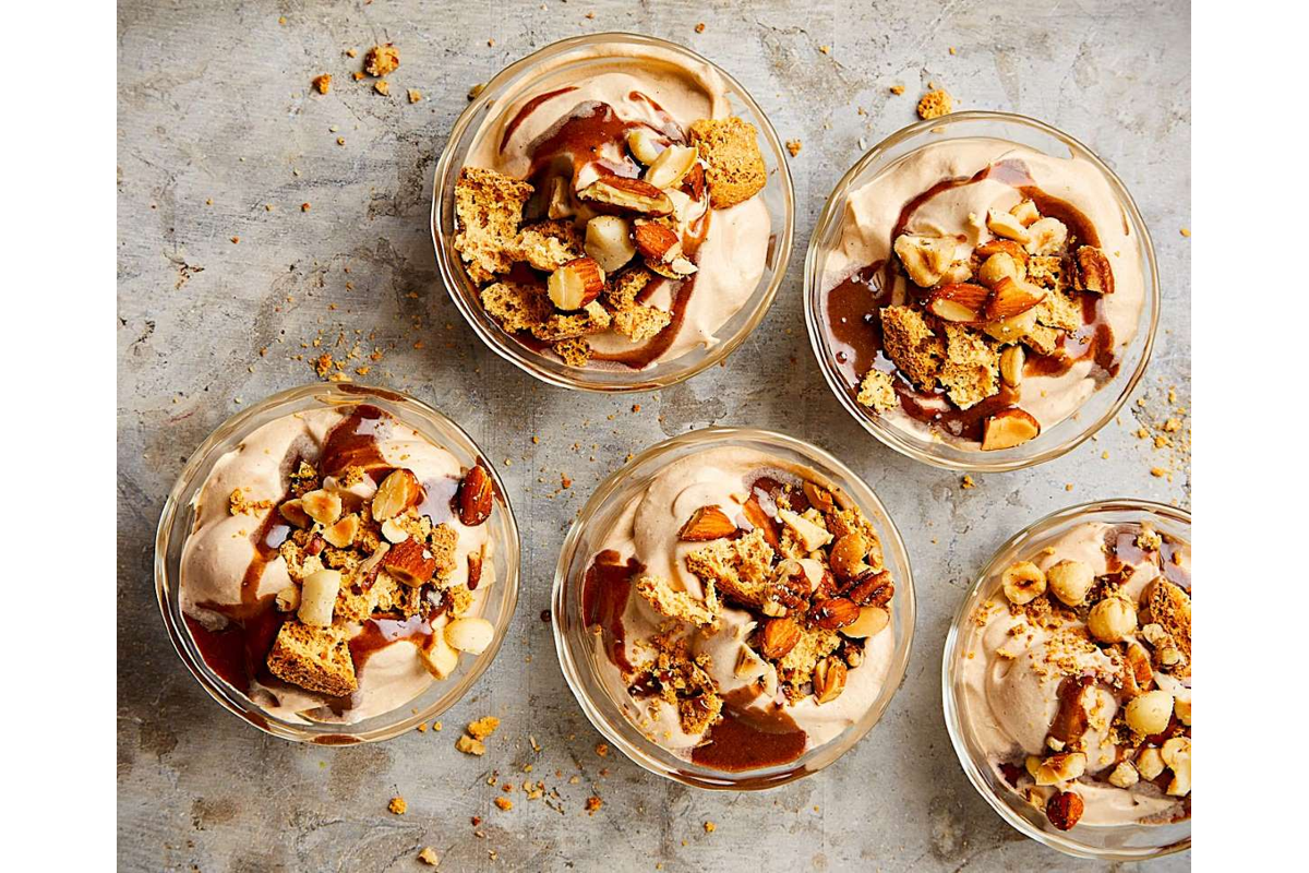 Coffee mousse with tahini chocolate sauce