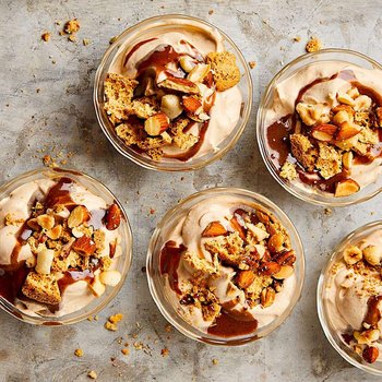 Coffee mousse with tahini chocolate sauce