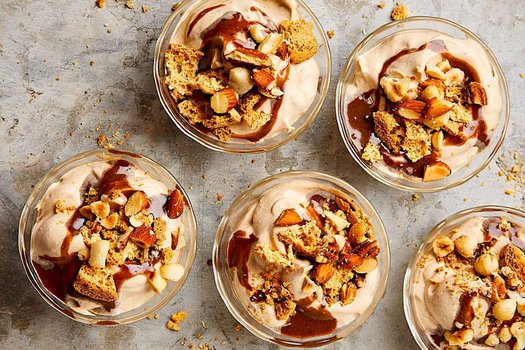 Coffee mousse with tahini chocolate sauce