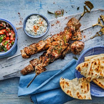 Herby pork souvlaki with mustard sauce