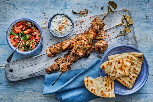 Herby pork souvlaki with mustard sauce