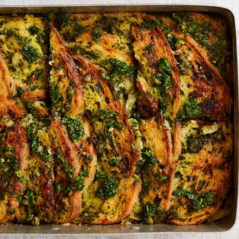 Kale pesto strata with gruyère and mustard