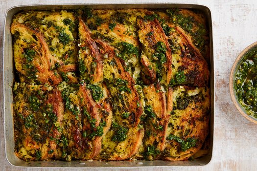 Kale pesto strata with gruyère and mustard
