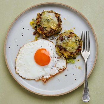 Leek, potato and blue cheese cakes