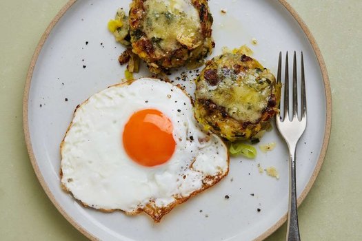 Leek, potato and blue cheese cakes