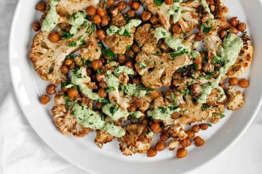 Roasted Cauliflower and Chickpeas with Herby Tahini
