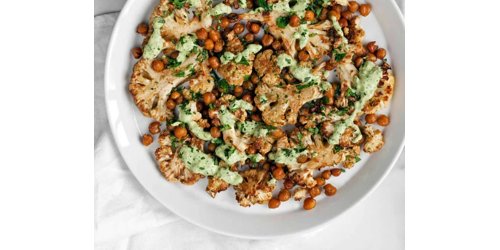 Roasted Cauliflower and Chickpeas with Herby Tahini