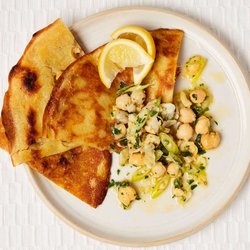 Socca (chickpea flatbread) with chickpea and lemon salsa