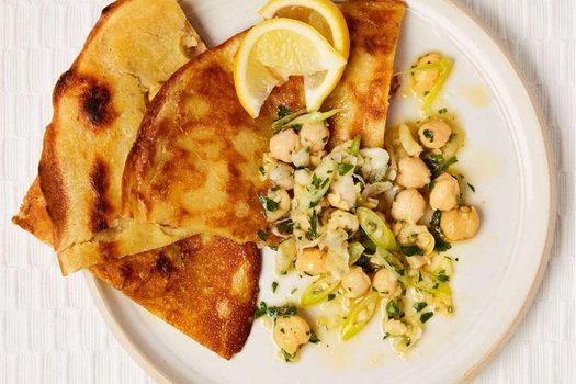 Socca (chickpea flatbread) with chickpea and lemon salsa
