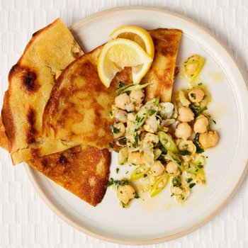 Socca (chickpea flatbread) with chickpea and lemon salsa